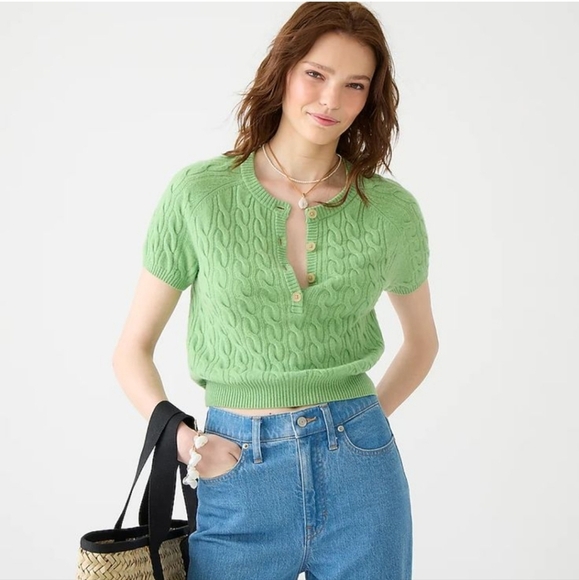J.Crew 100% Cashmere Cable-Knit Henley T-Shirt Sweater Green XL - Picture 1 of 8